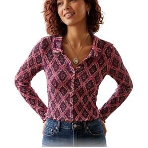 Free People Intimately Smocked Button Down Top Purple Floral Diamond EUC Medium